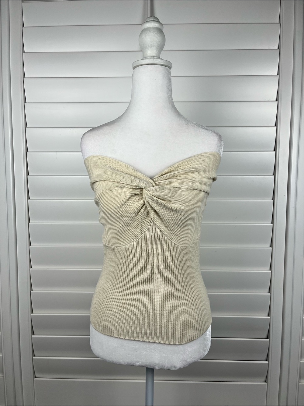 Twist Front Ribbed Knit Top Cream Size Small